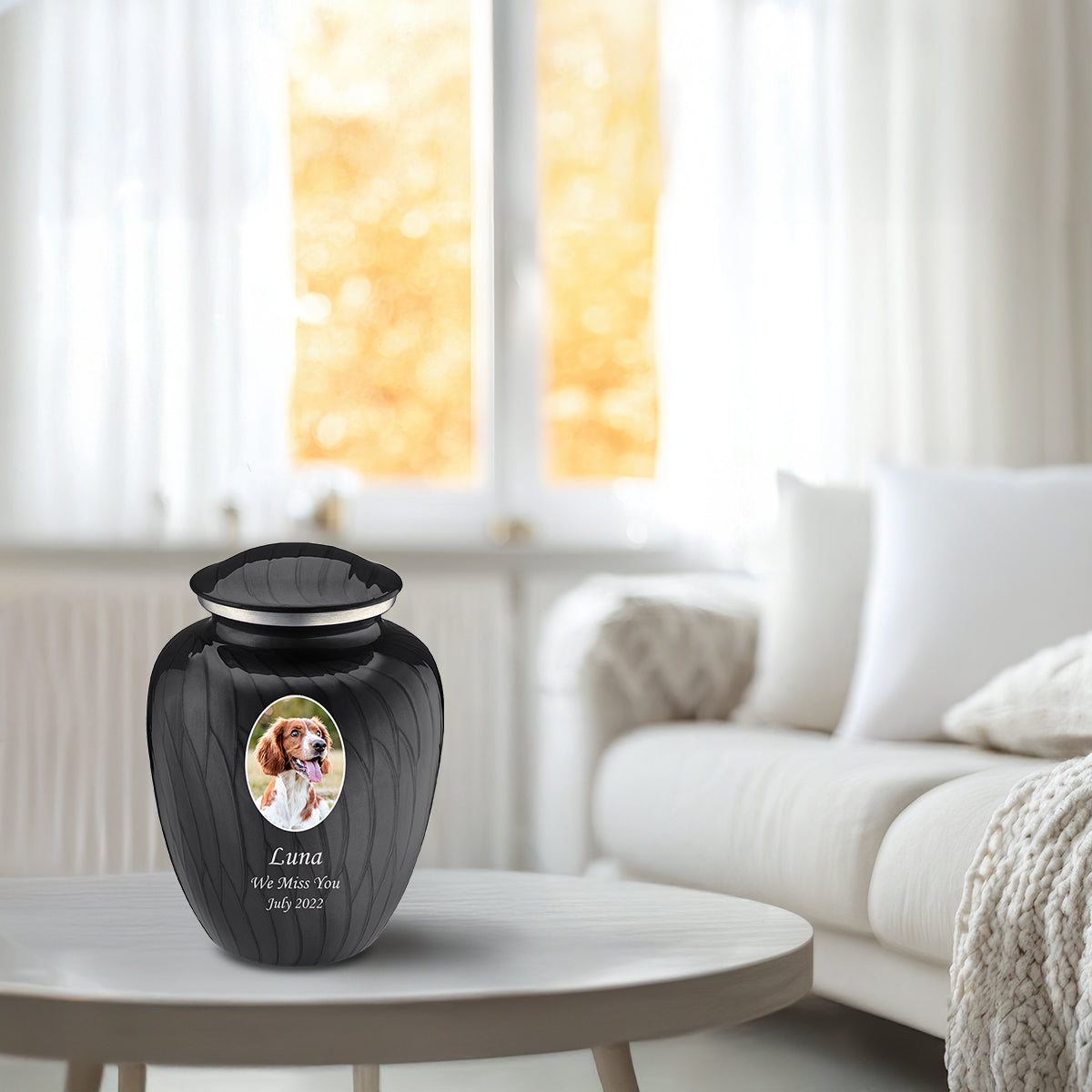 Medium Pet Embrace Pearl Black Portrait Cremation Urn