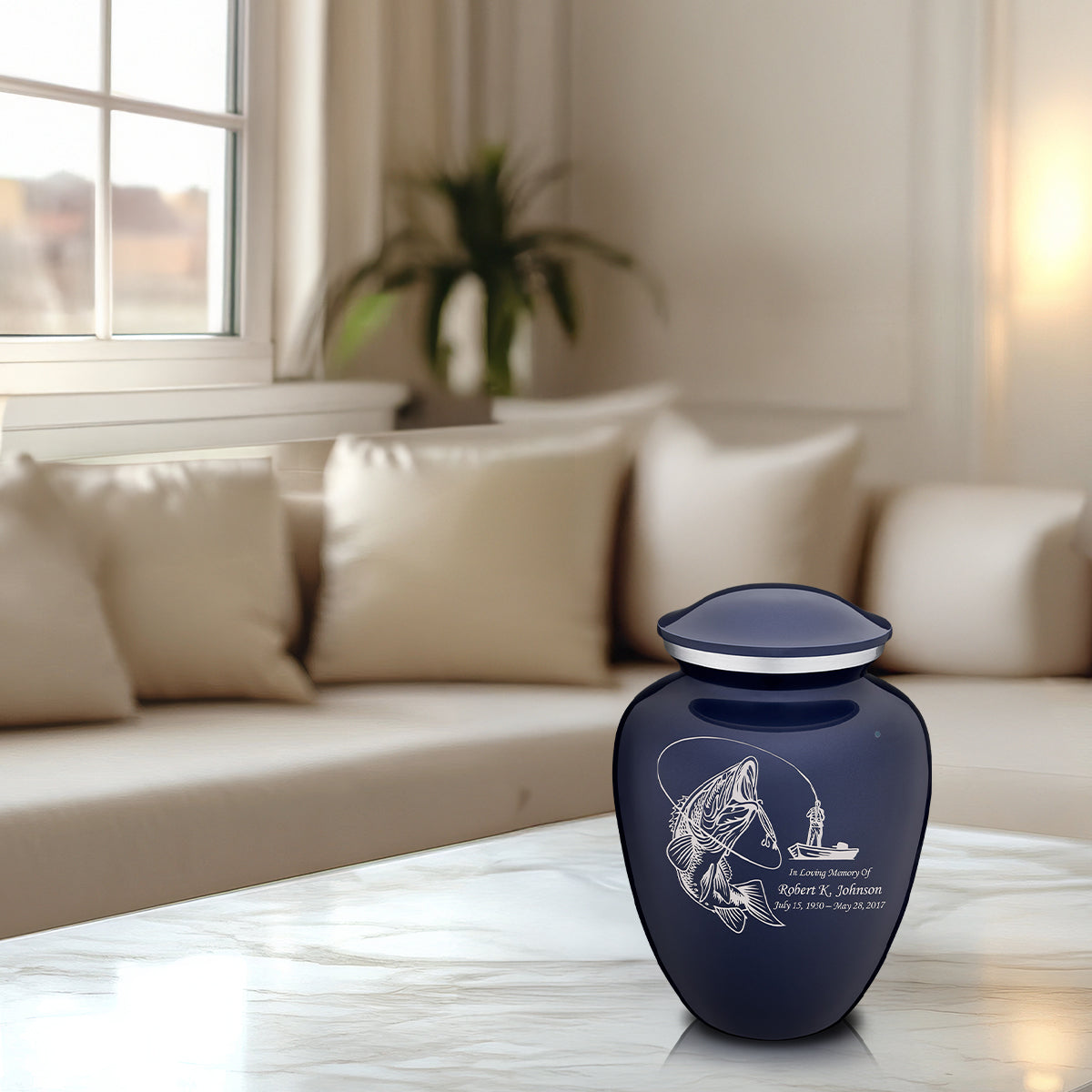 Medium Embrace Cobalt Blue Fishing Cremation Urn