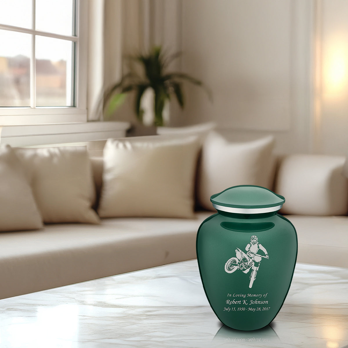 Medium Embrace Green Dirt Bike Cremation Urn