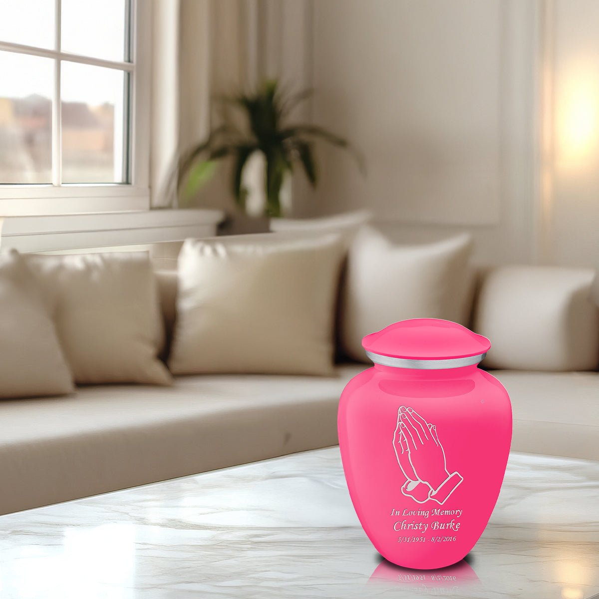 Medium Embrace Bright Pink Praying Hands Cremation Urn