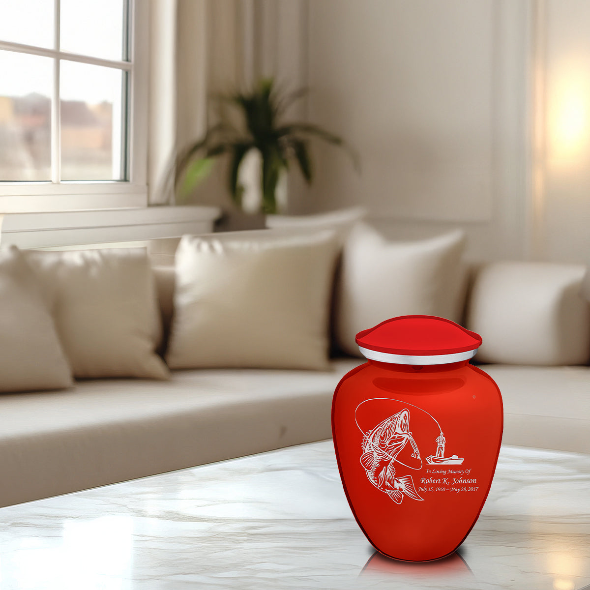 Medium Embrace Bright Red Fishing Cremation Urn
