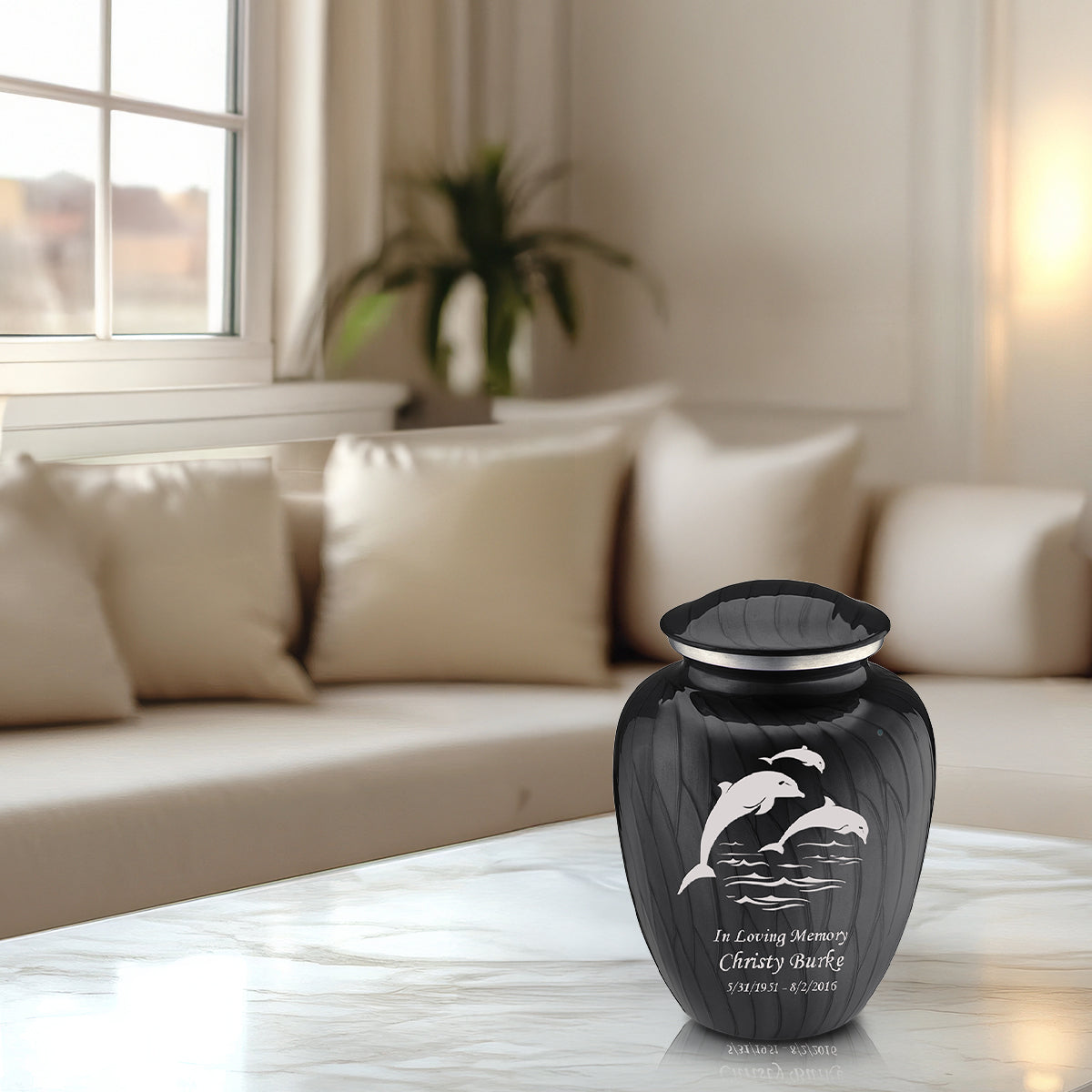 Medium Embrace Pearl Black Dolphins Cremation Urn