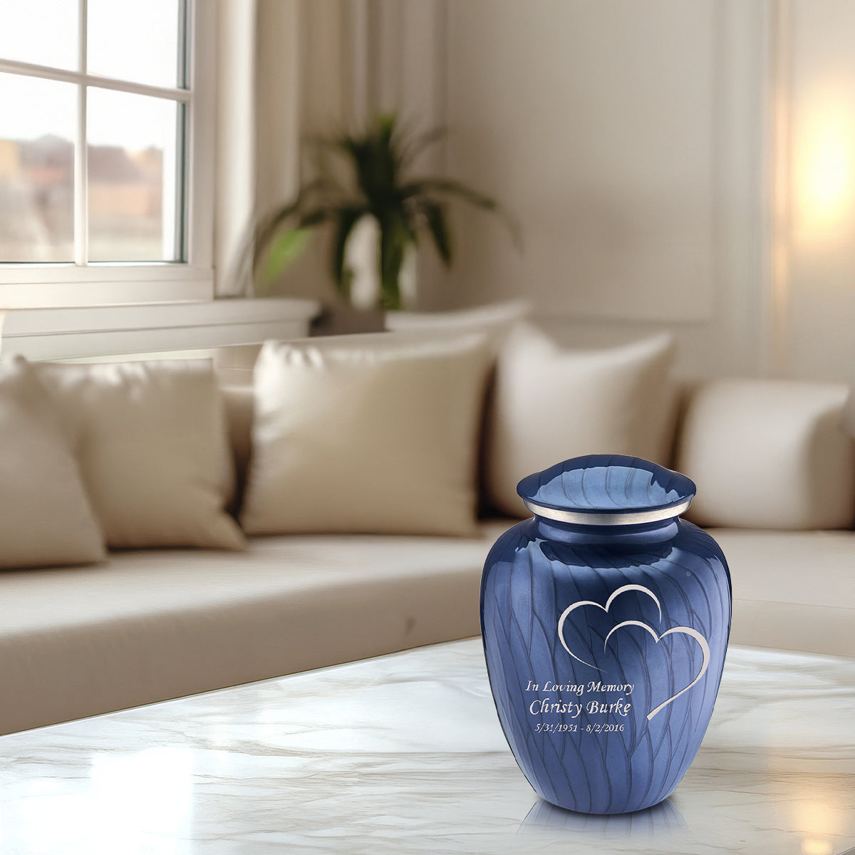 Medium Embrace Pearl Cobalt Blue Hearts Cremation Urn