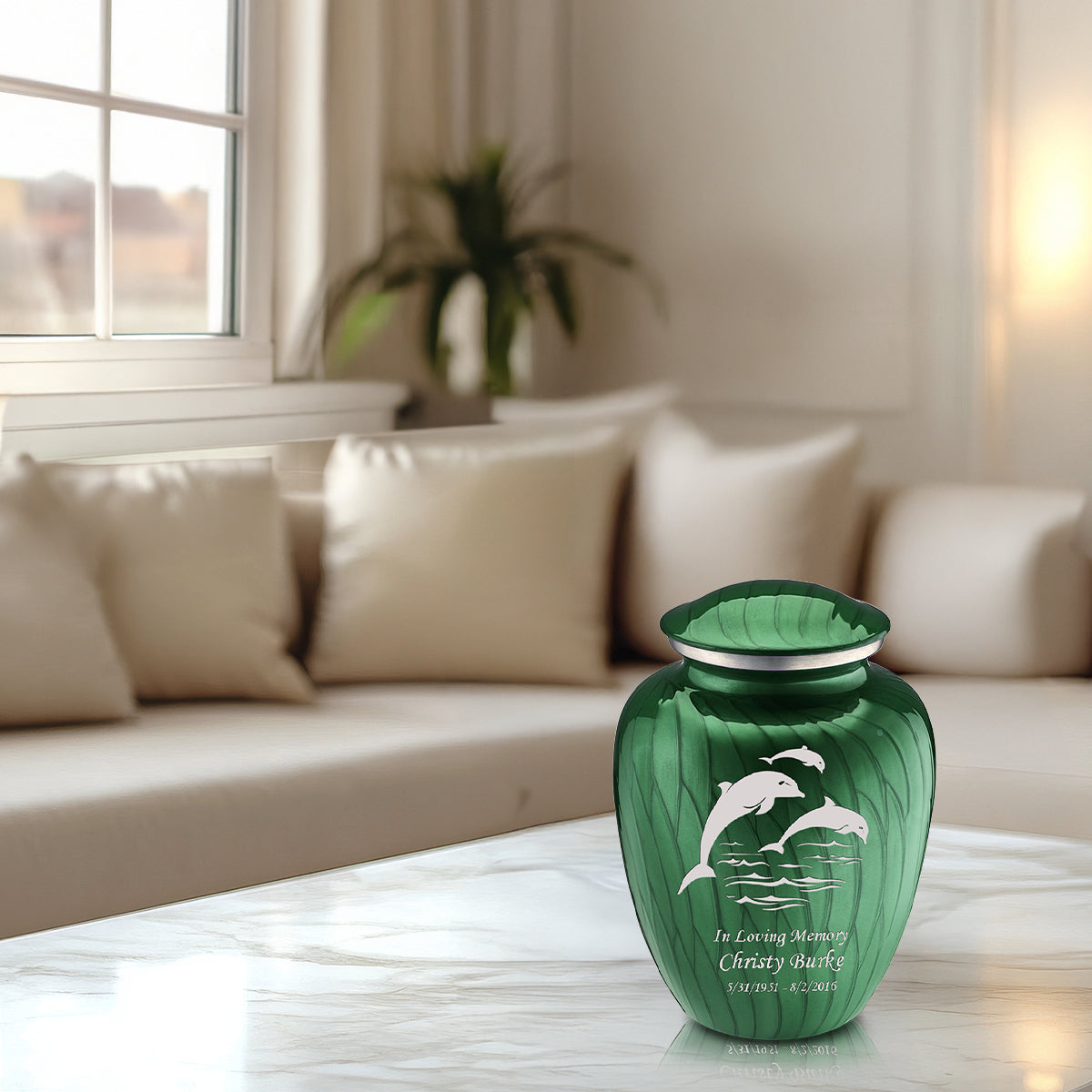Medium Embrace Pearl Green Dolphin Cremation Urn