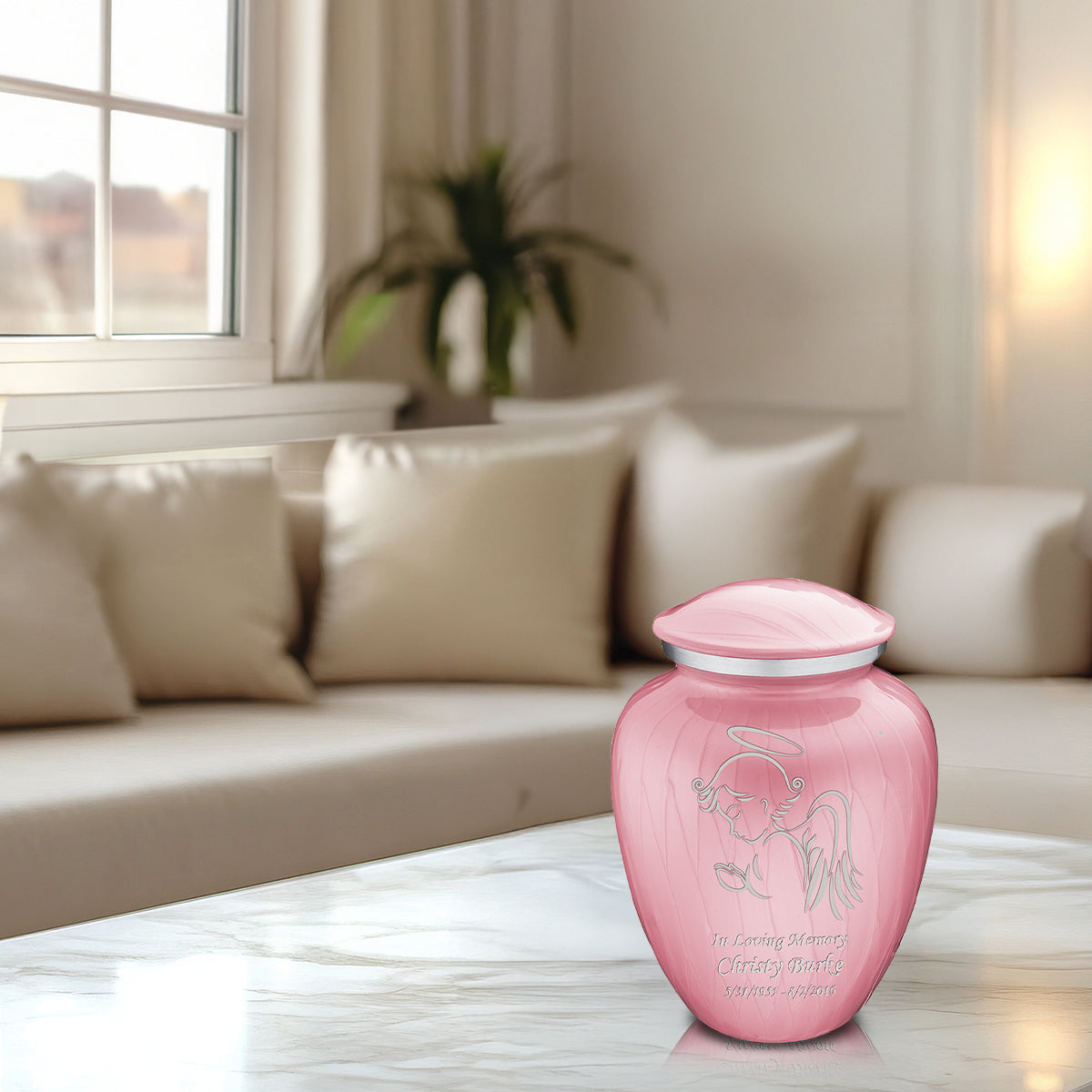 Medium Embrace Pearl Pink Angel Cremation Urn