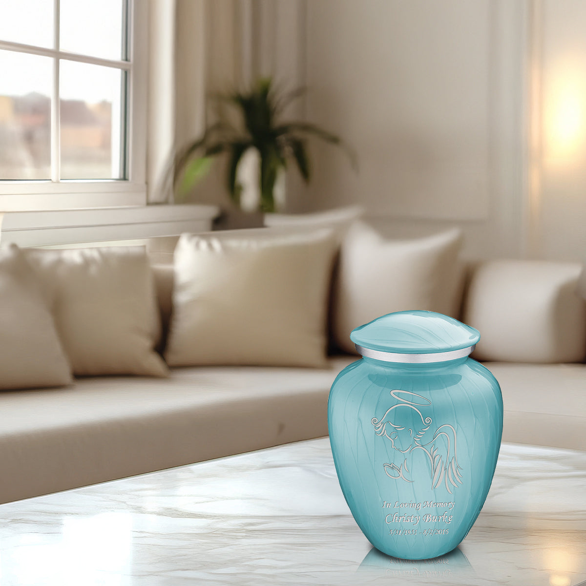 Medium Embrace Pearl Light Blue Angel Cremation Urn