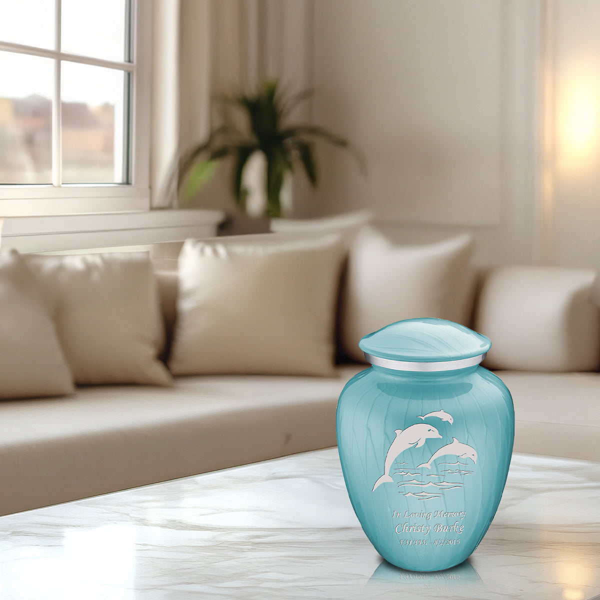 Medium Embrace Pearl Light Blue Dolphins Cremation Urn
