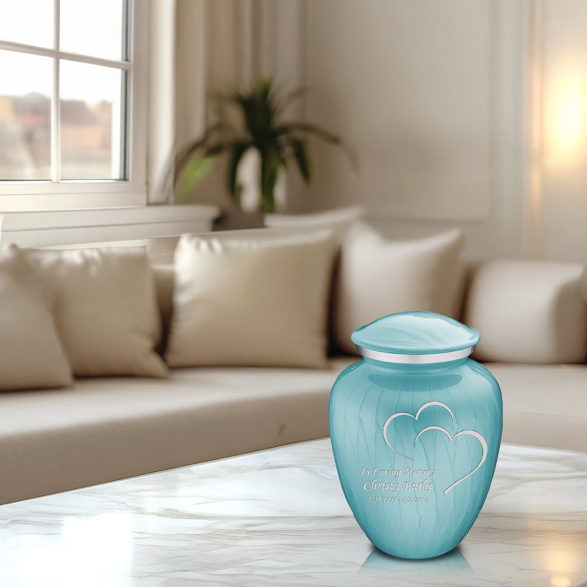 Medium Embrace Pearl Light Blue Hearts Cremation Urn