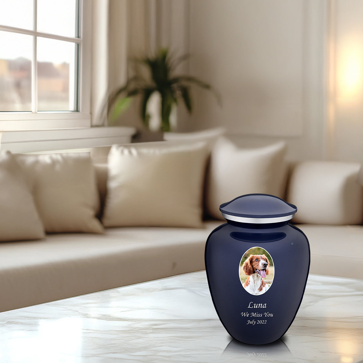 Medium Pet Embrace Cobalt Blue Portrait Cremation Urn