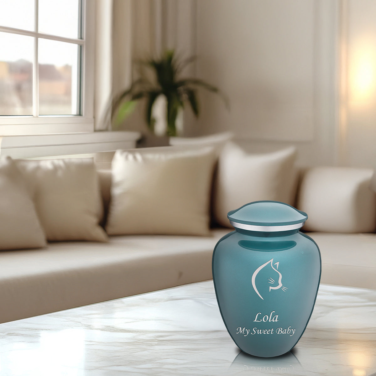 Medium Embrace Teal Cat Pet Cremation Urn