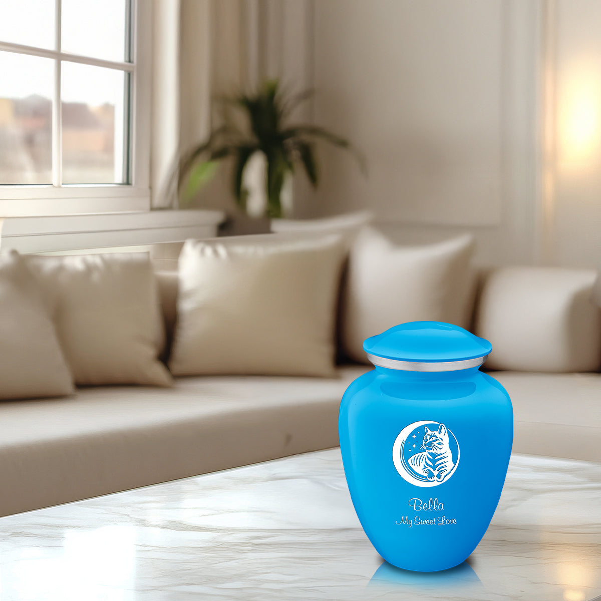 Medium Embrace Racing Blue Pet Cute Cat Cremation Urn
