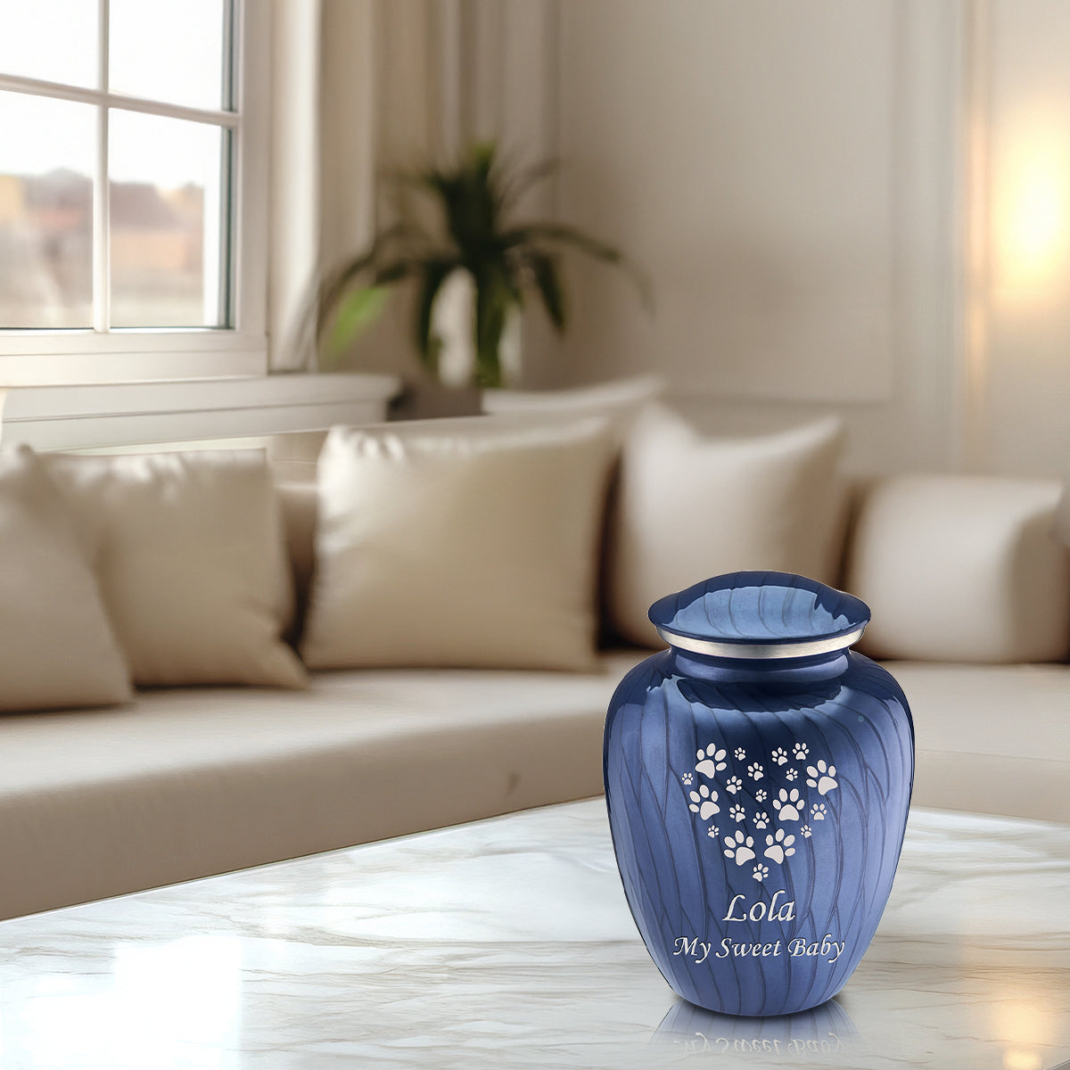 Medium Embrace Pearl Cobalt Blue Heart Paws Pet Cremation Urn