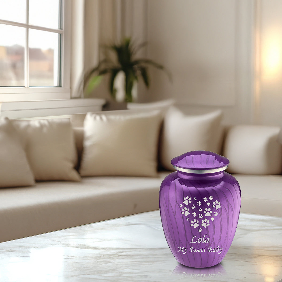 Medium Embrace Pearl Purple Heart Paws Pet Cremation Urn