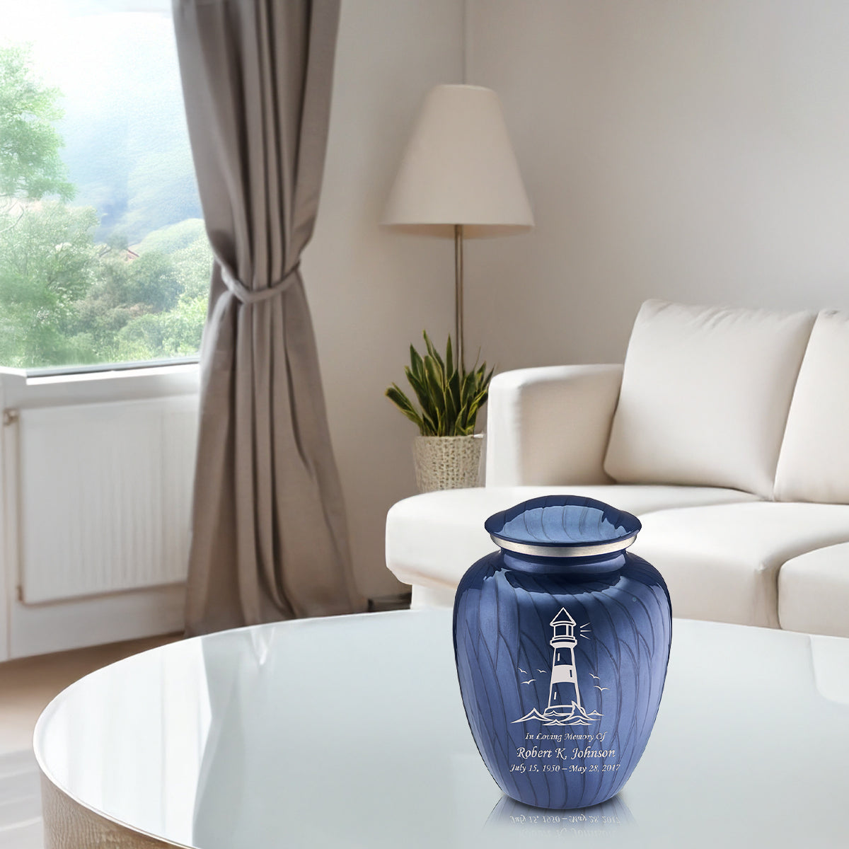 Medium Embrace Pearl Cobalt Blue Lighthouse Cremation Urn