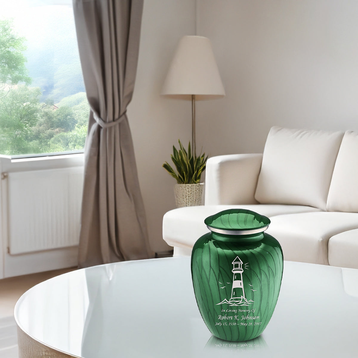 Medium Embrace Pearl Green Lighthouse Cremation Urn