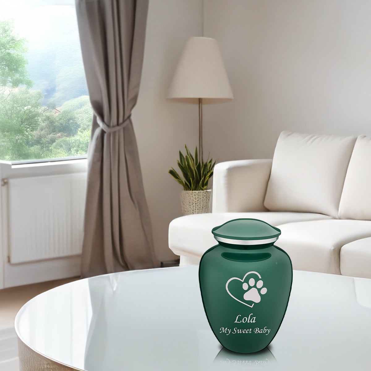 Medium Embrace Green Single Paw Heart Pet Cremation Urn