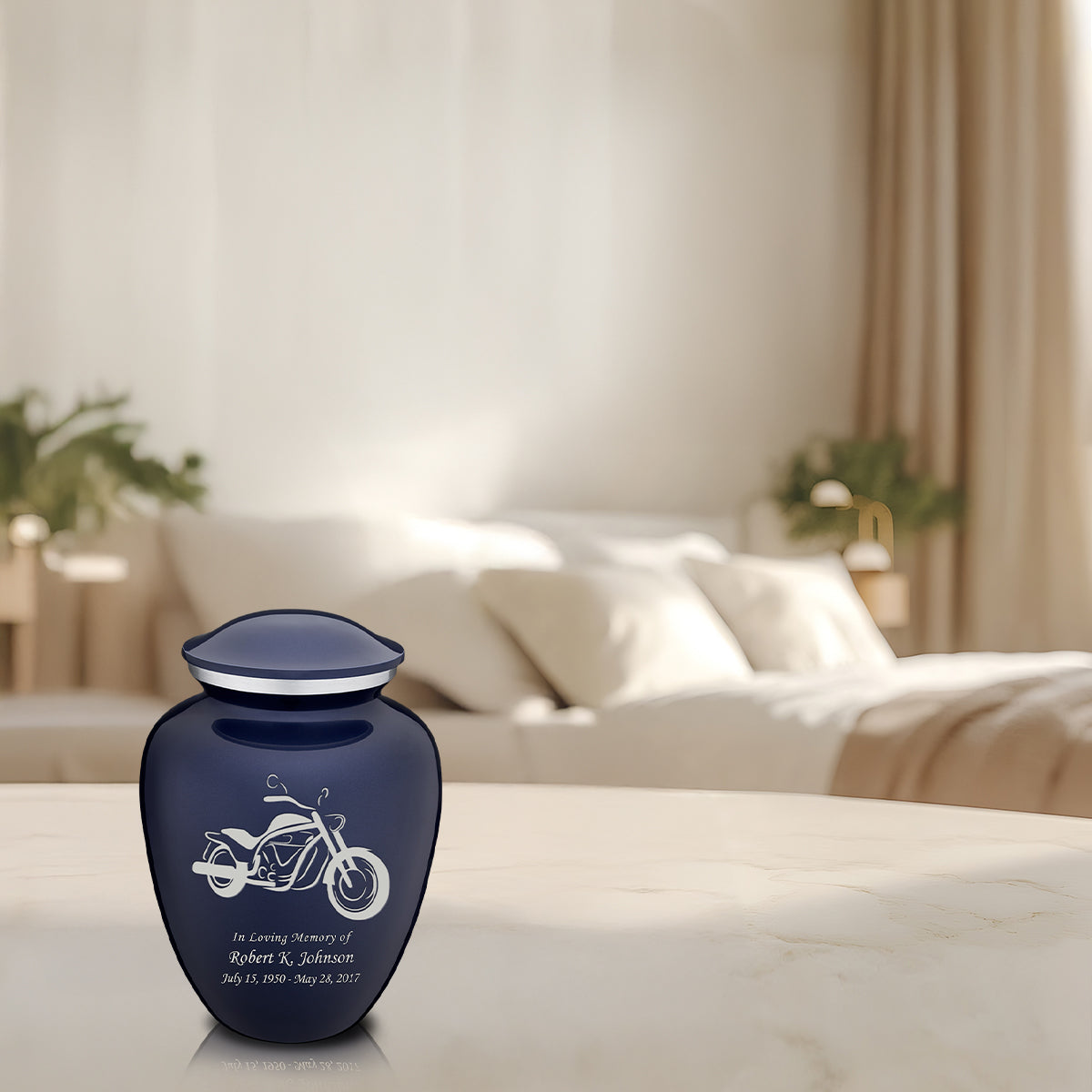 Medium Embrace Cobalt Blue Motorcycle Cremation Urn