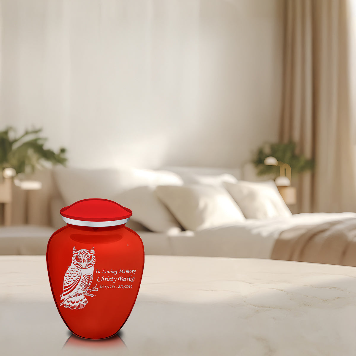 Medium Embrace Bright Red Owl Cremation Urn