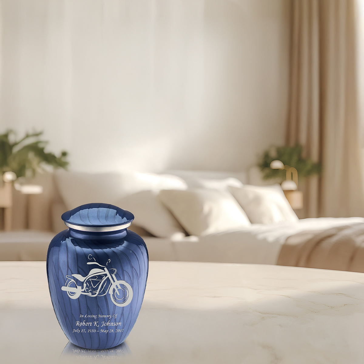 Medium Embrace Pearl Cobalt Blue Motorcycle Cremation Urn