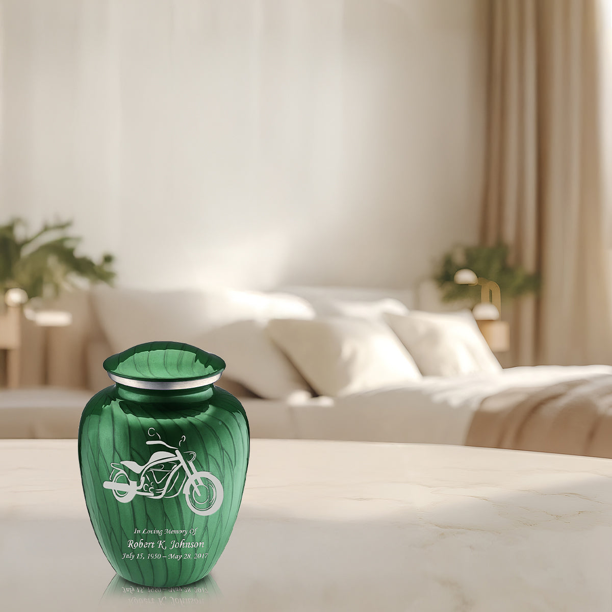 Medium Embrace Pearl Green Motorcycle Cremation Urn