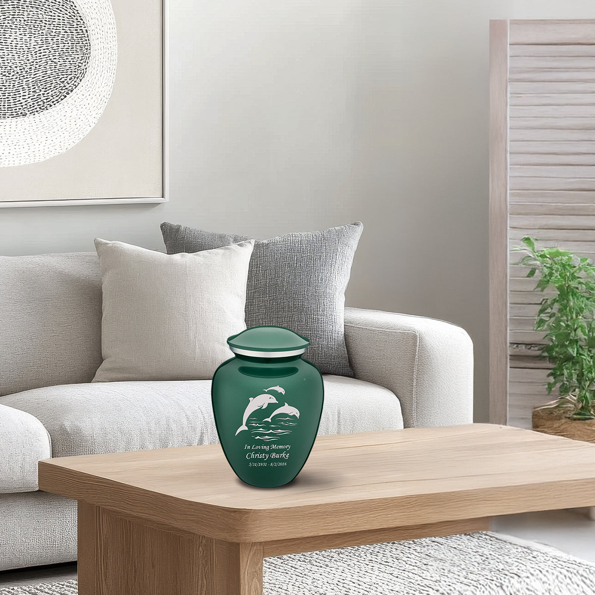 Medium Embrace Green Dolphins Cremation Urn
