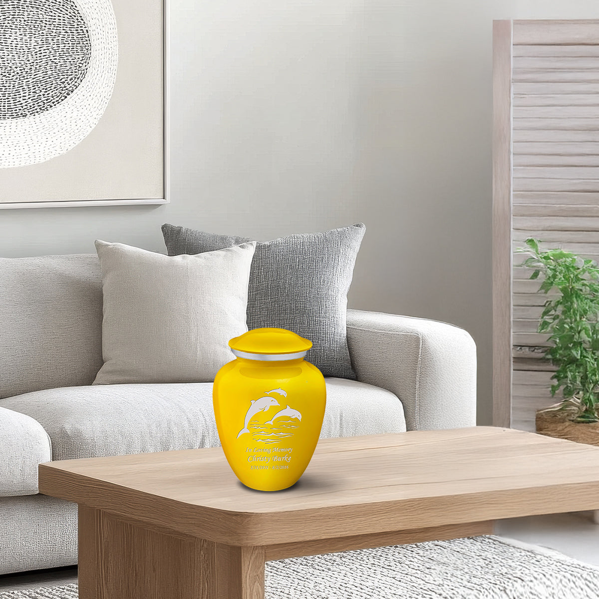 Medium Embrace Yellow Dolphins Cremation Urn