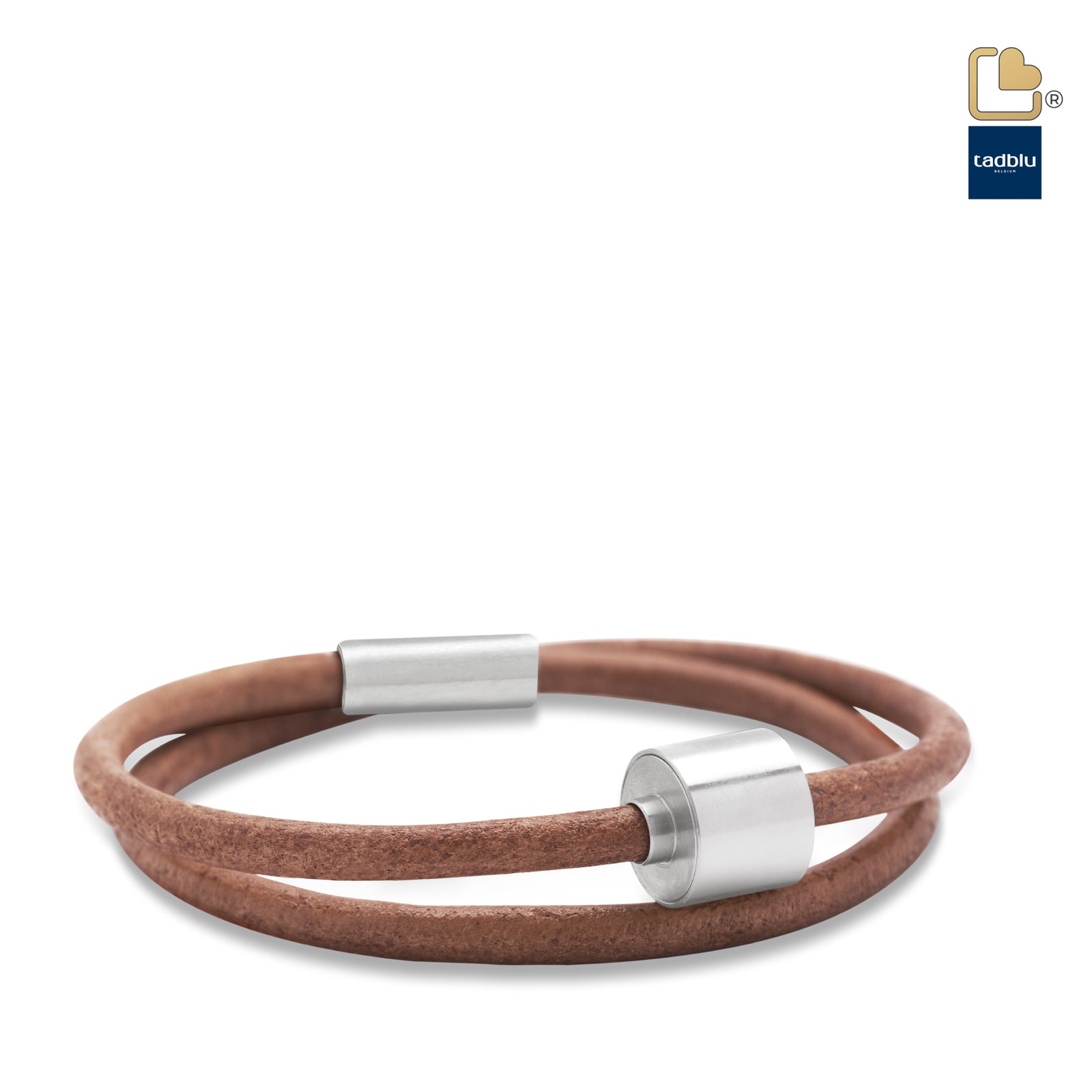 Cognac & Silver - TadBlu Smooth Leather Men’s Cremation Bead Bracelet