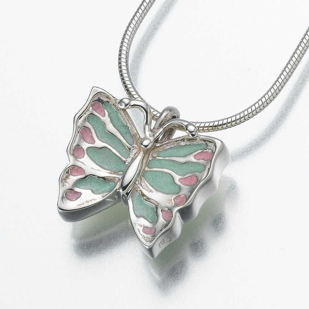 Sterling Silver Butterfly Pendant with Enameled Wings Cremation Jewelry