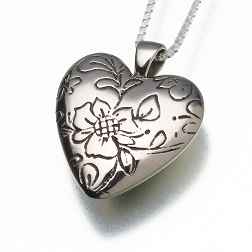 White Bronze Floral Heart Pendant Cremation Jewelry