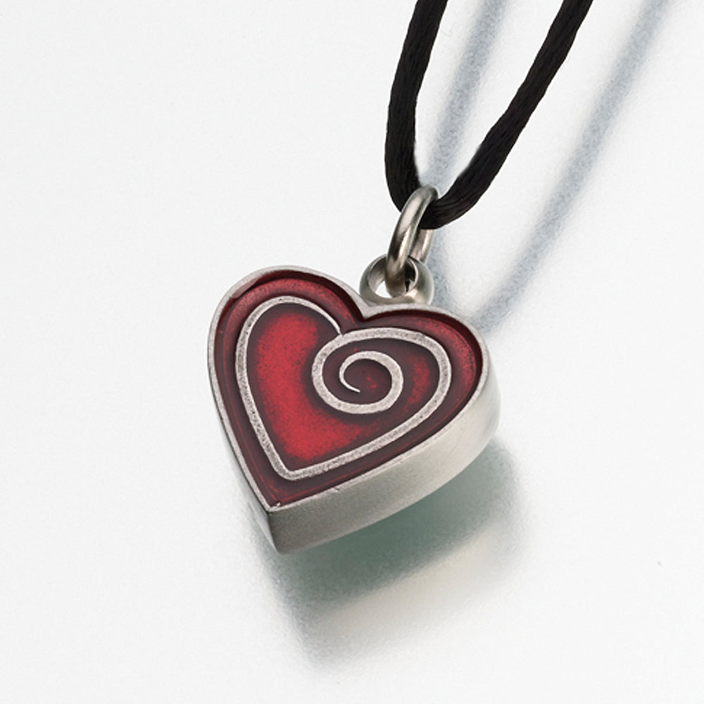Pewter Heart Pendant w/ Red Enamel Spiral Cremation Jewelry
