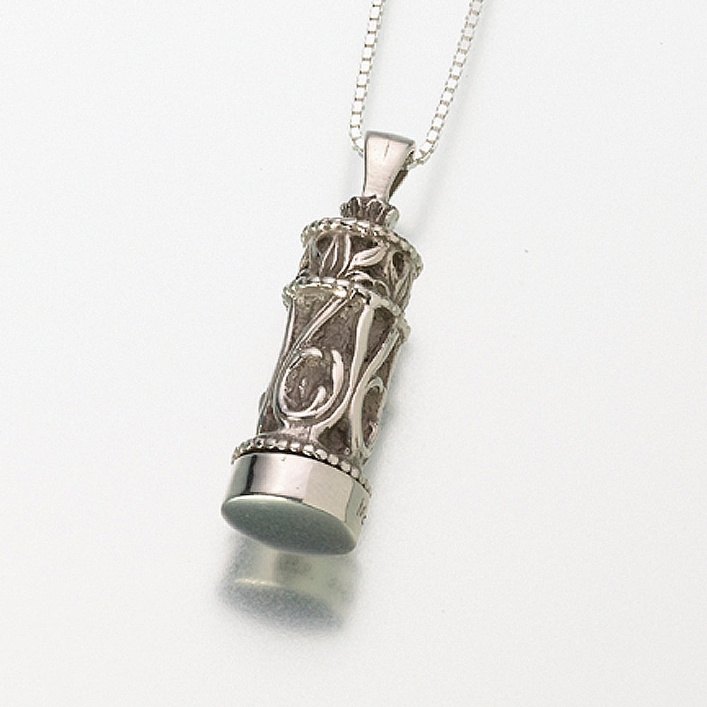 Small Sterling Silver Chromate Filigree Cylinder Pendant Cremation Jewelry