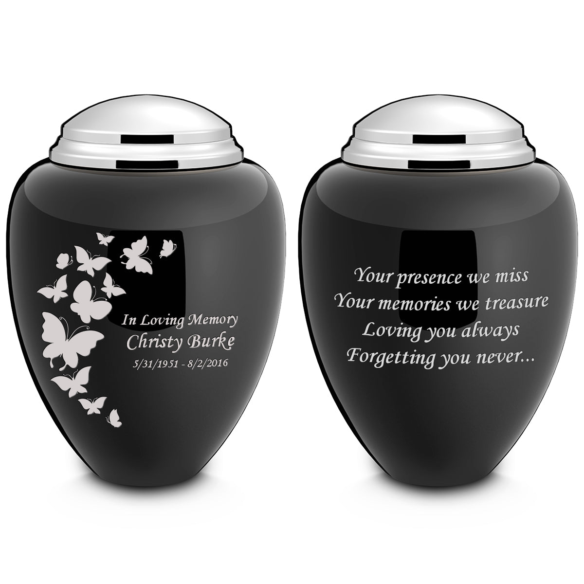Adult Tribute Black & Shiny Pewter Butterfly Cremation Urn