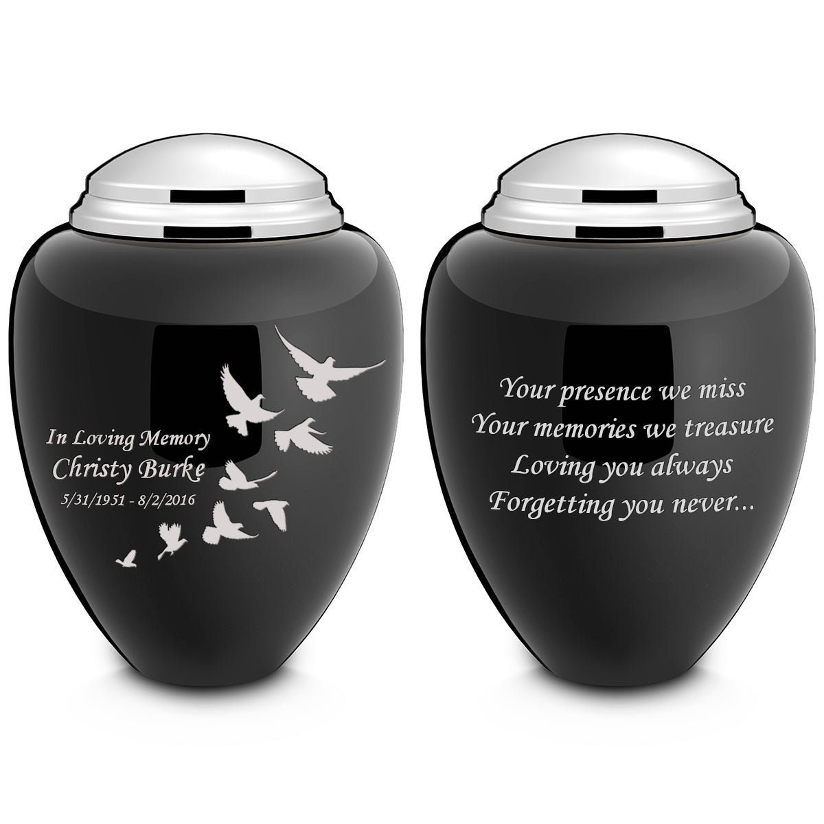 Adult Tribute Black & Shiny Pewter Doves Cremation Urn