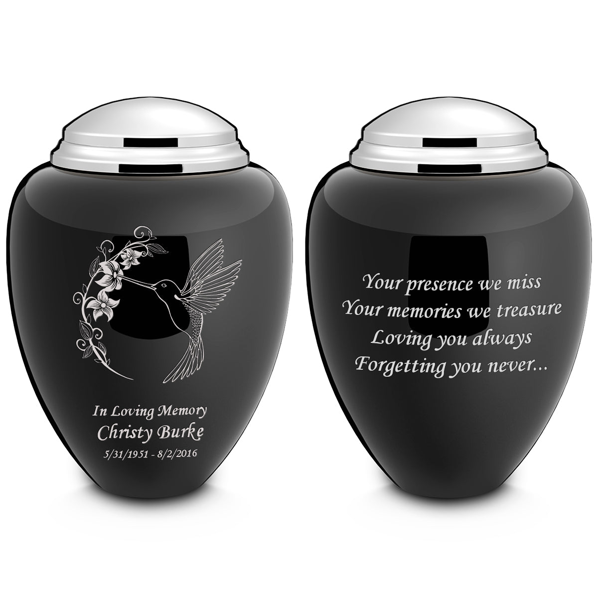 Adult Tribute Black & Shiny Pewter Hummingbird Cremation Urn