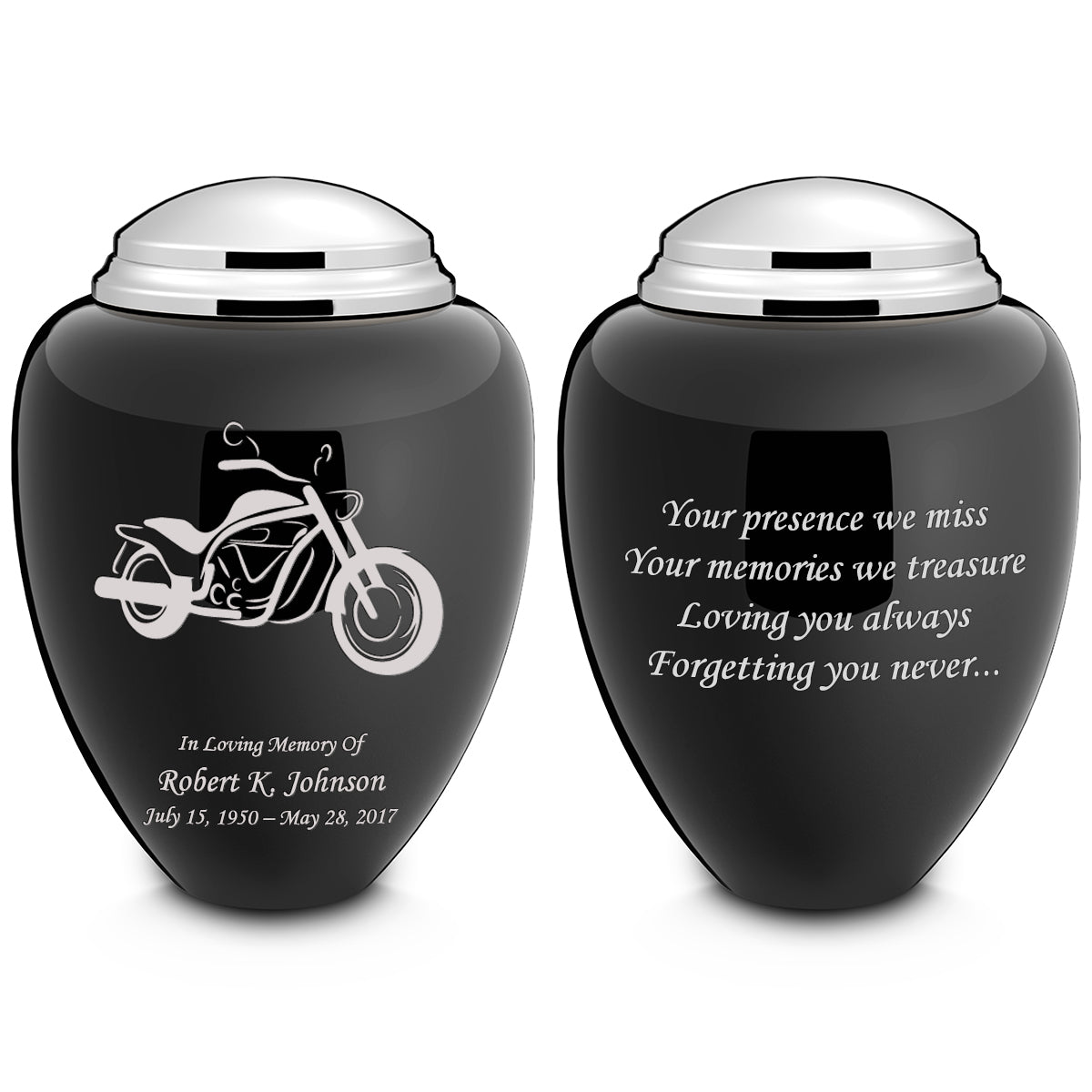 Adult Tribute Black & Shiny Pewter Motorcycle Cremation Urn