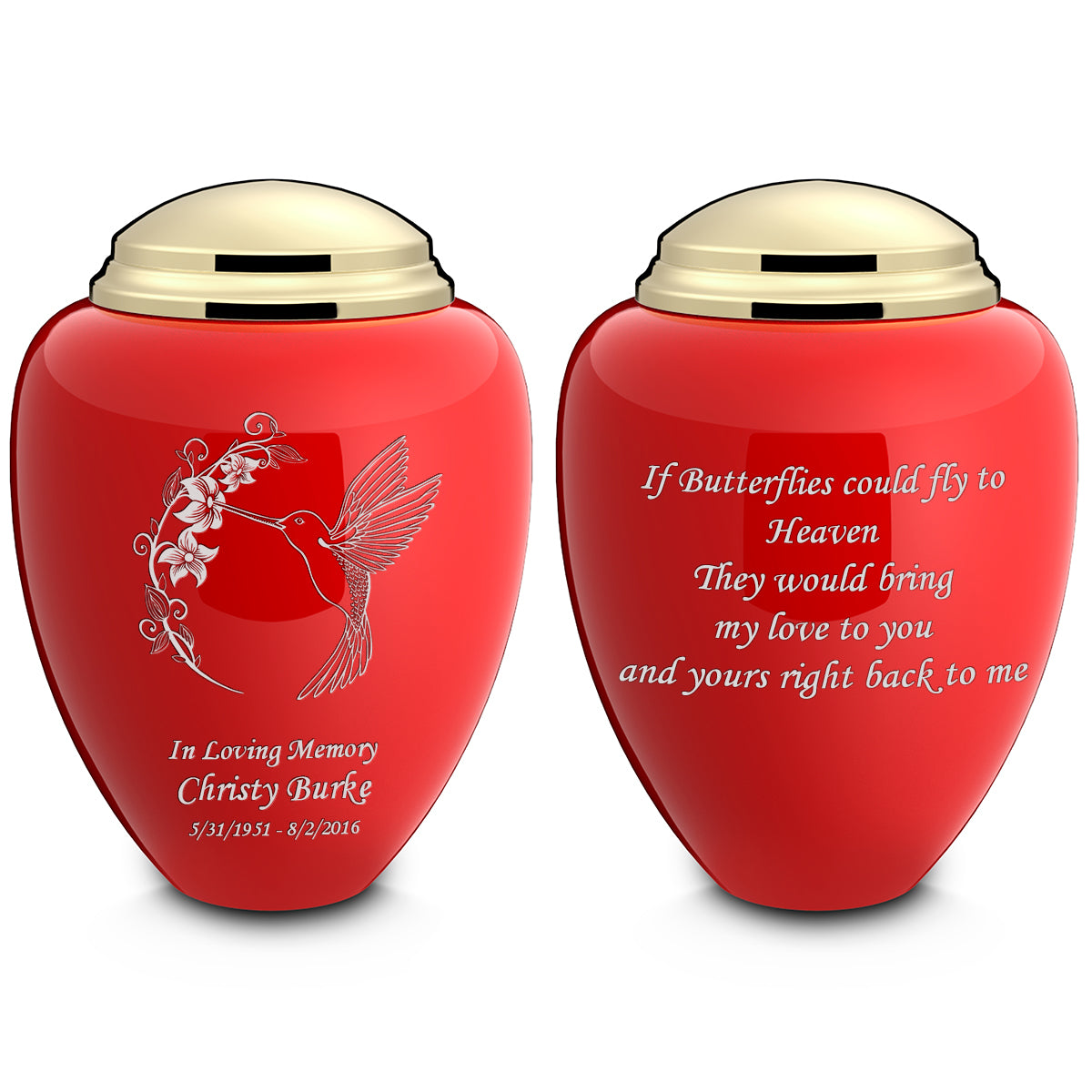 Adult Tribute Red & Shiny Brass Hummingbird Cremation Urn