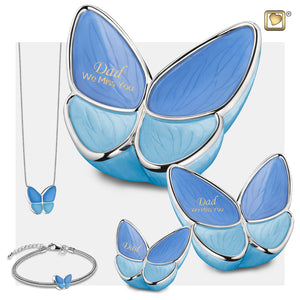 3 Different Sizes of Adult Wings of Hope Butterfly Shaped Blue Colored Cremation Urns with Same Urn Bracelet & a Butterfly Shaped Pendant Necklace.