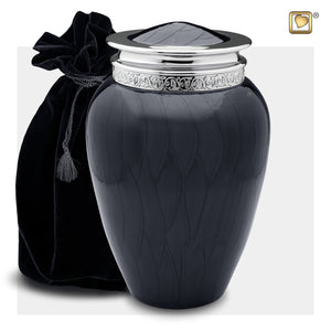 Adult Blessing Midnight Black Colored Silver Cremation Urn with Black Urn Pouch