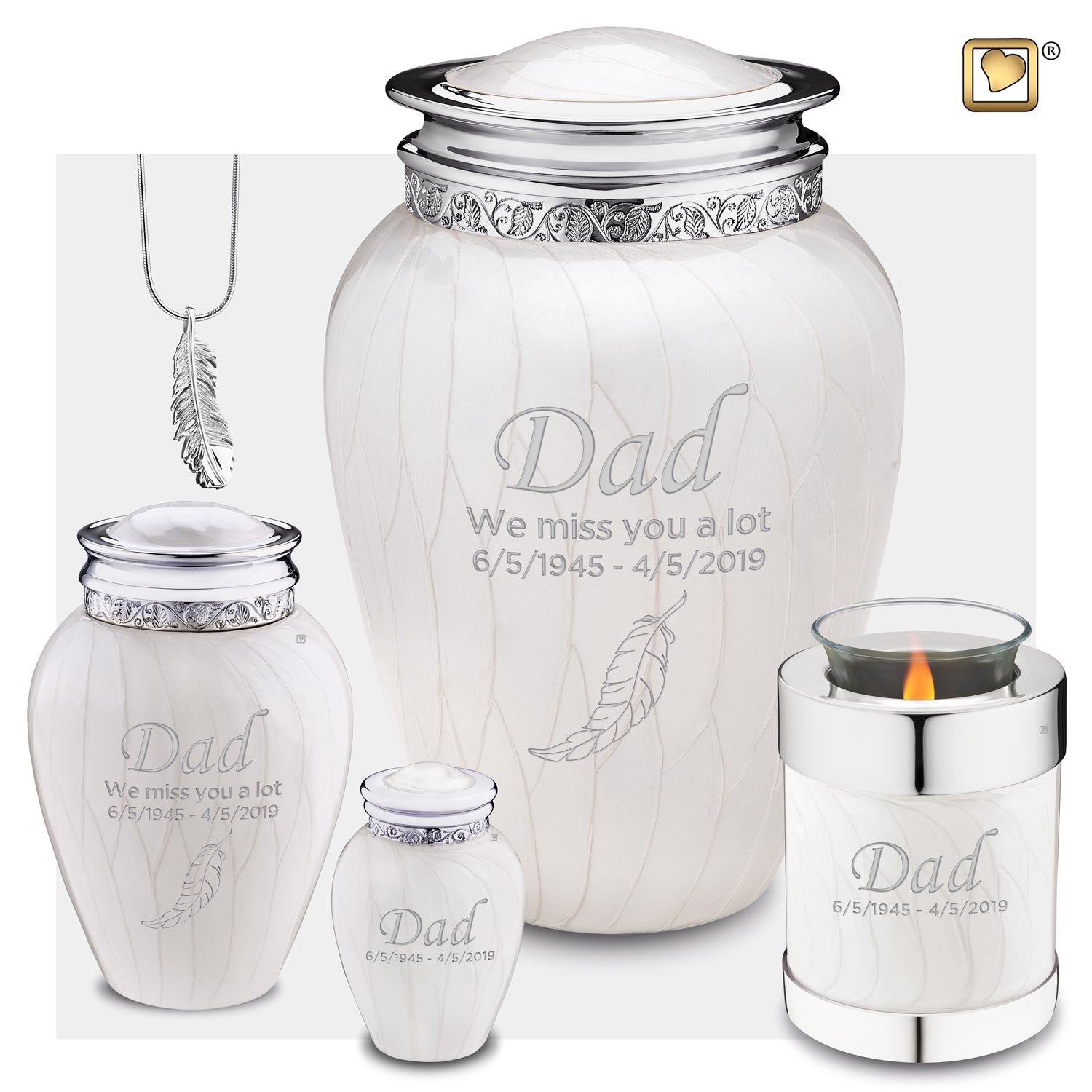 3 Different Sizes of Adult Blessing Pearl White Colored Silver Cremation Urn, 1 Urn Candle and a feather shaped cremation jewlery pendant necklace