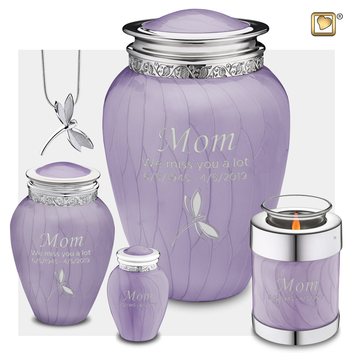3 Different Sizes of Adult Blessing Pearl Lavender Colored Silver Cremation Urn, 1 Urn Candle and a feather shaped cremation jewlery pendant necklace