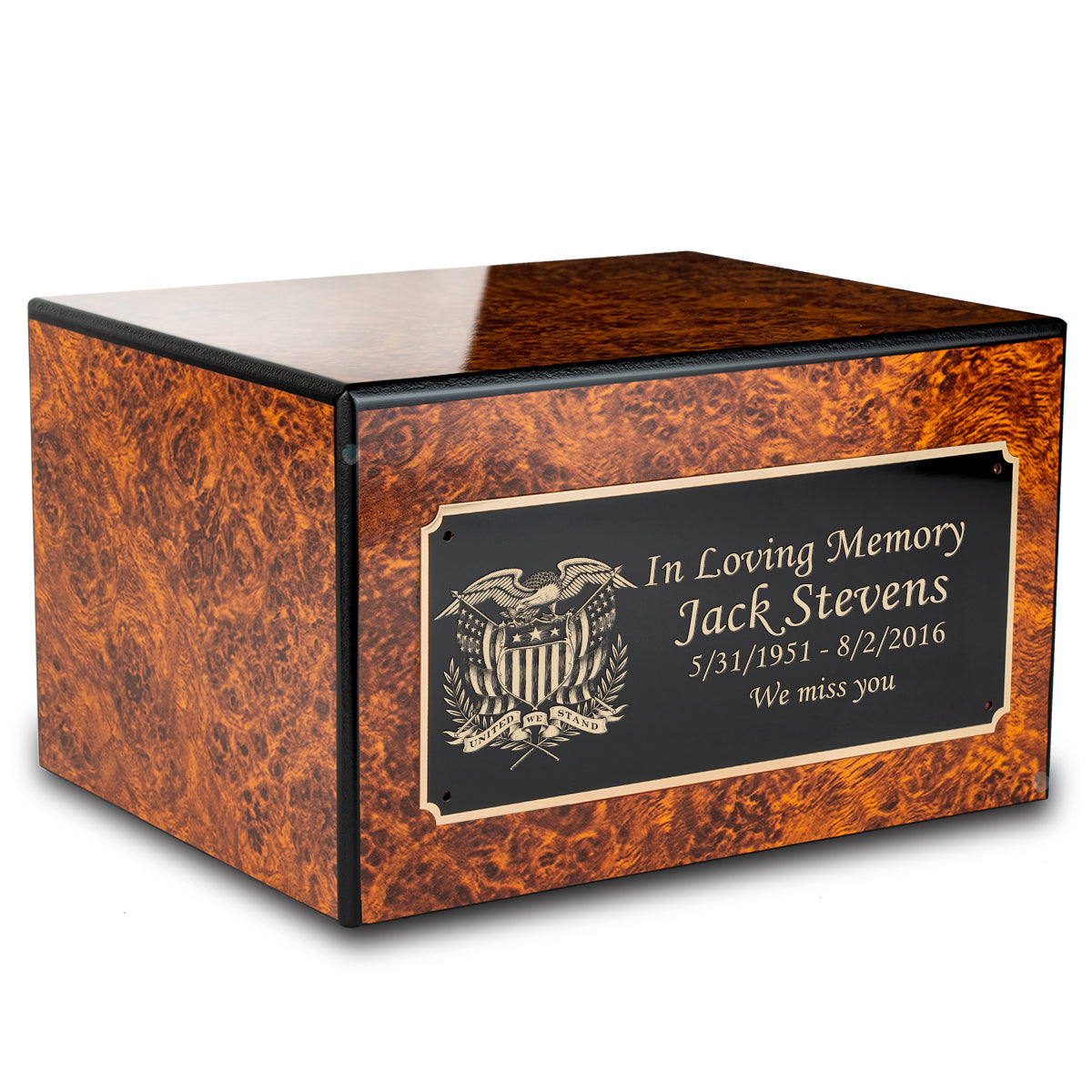 Custom Engraved Heritage Burl Adult Cremation Urn Memorial Box for Ashes