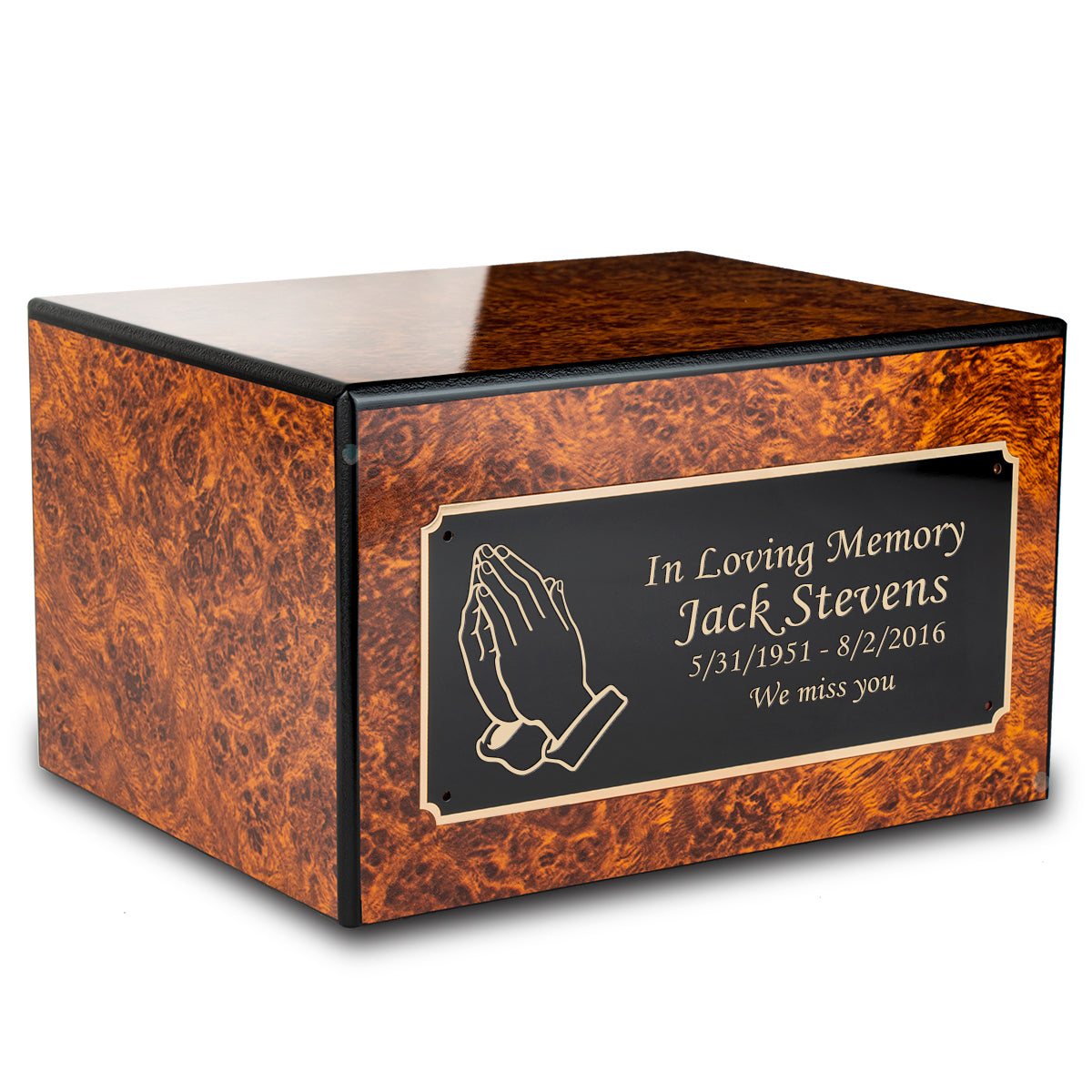 Custom Engraved Heritage Burl Adult Cremation Urn Memorial Box for Ashes