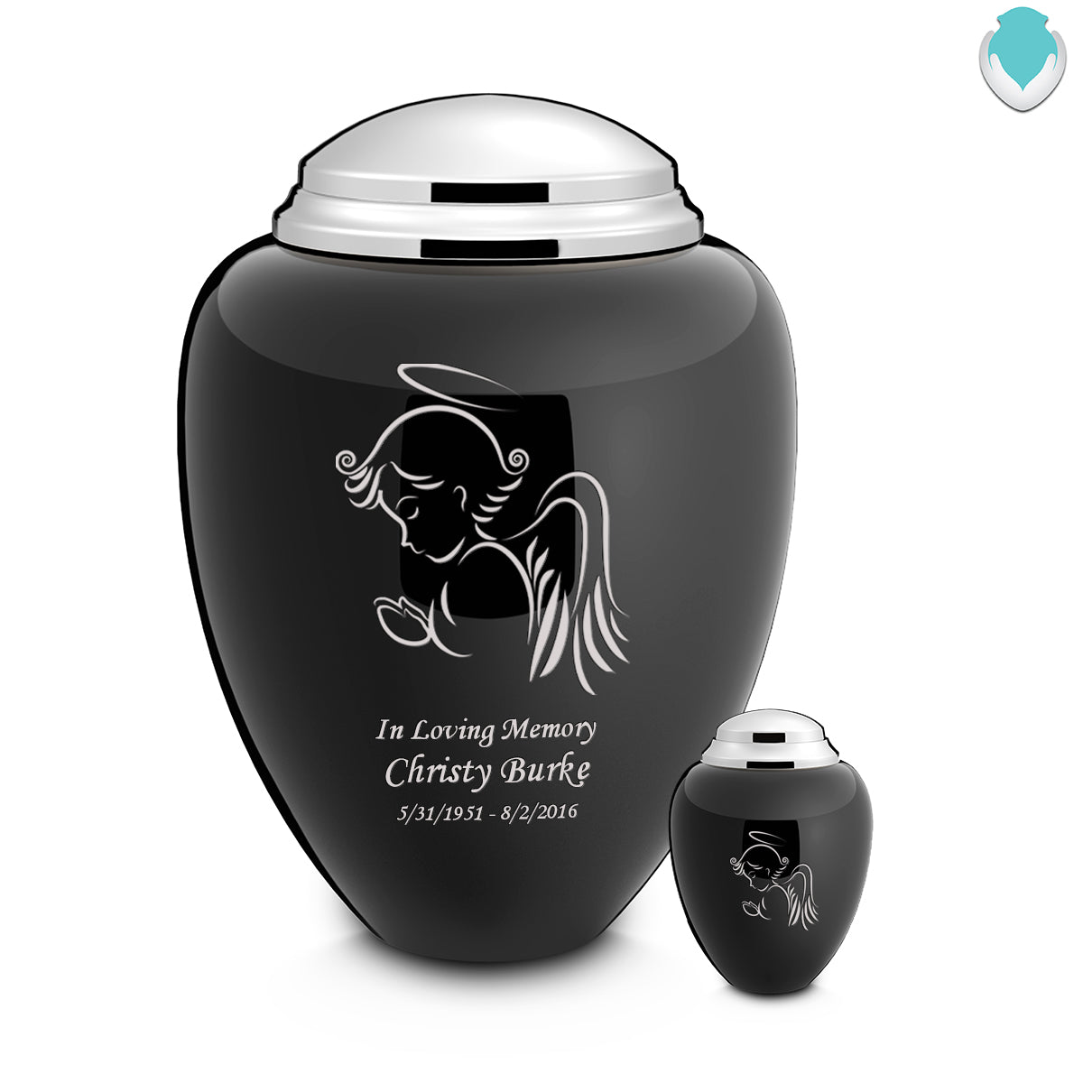 Adult Tribute Black & Shiny Pewter Angel Cremation Urn