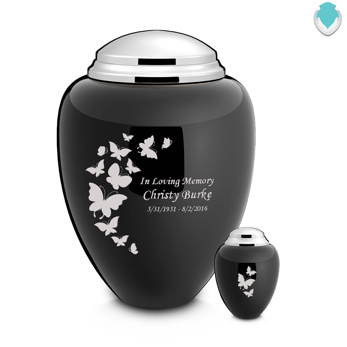 Adult Tribute Black & Shiny Pewter Butterfly Cremation Urn