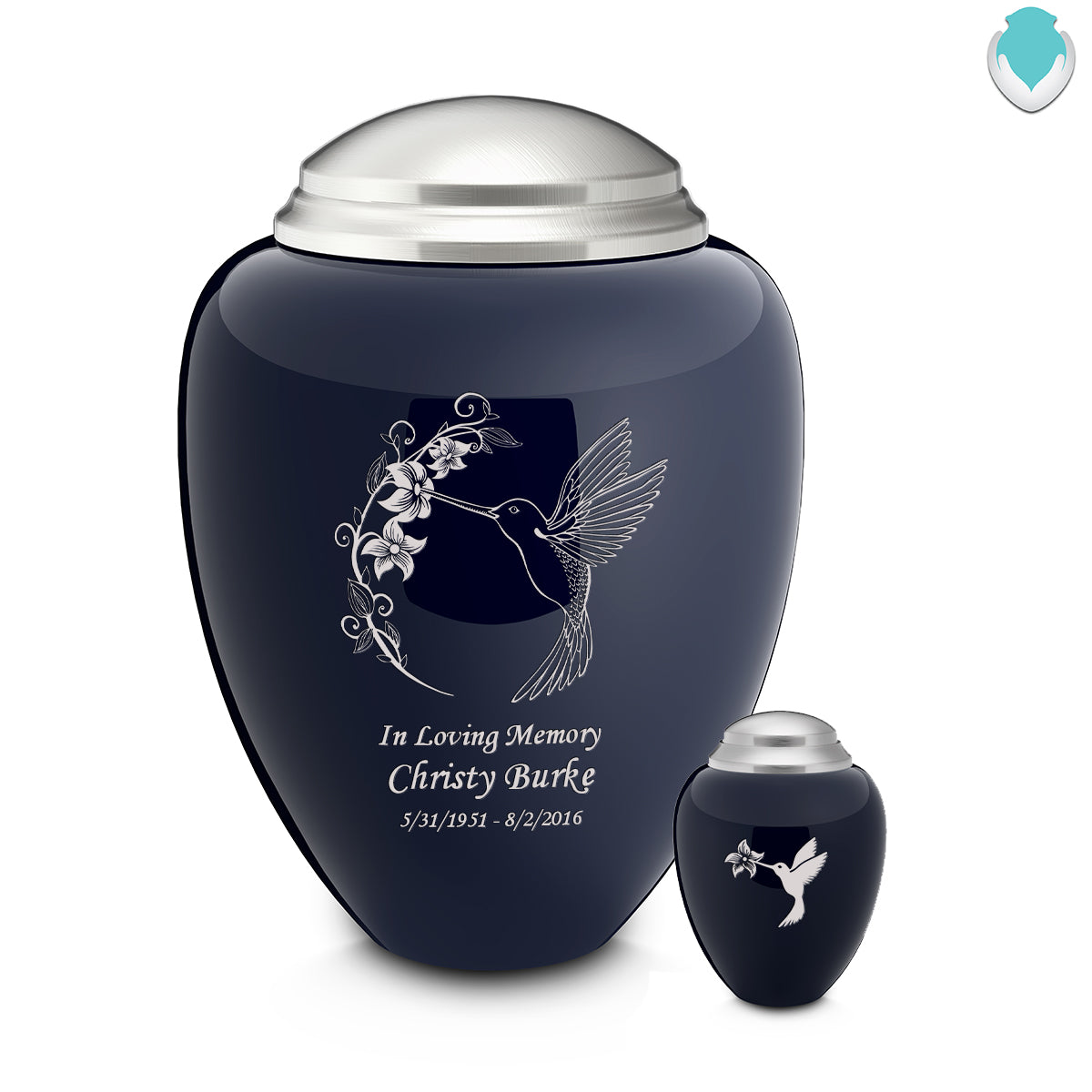 Adult Tribute Navy & Brushed Pewter Hummingbird Cremation Urn