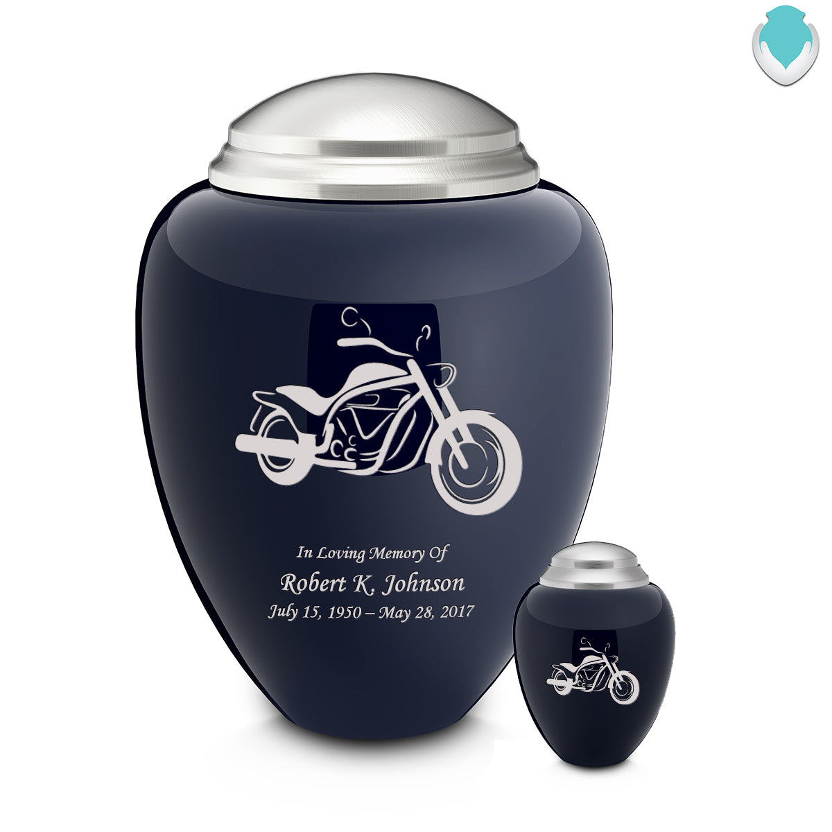 Adult Tribute Navy & Brushed Pewter Motorcycle Cremation Urn