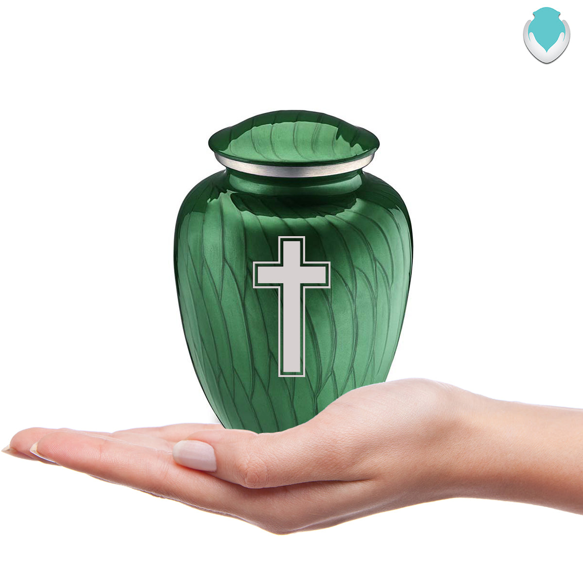 Medium Embrace Pearl Green Simple Cross Cremation Urn