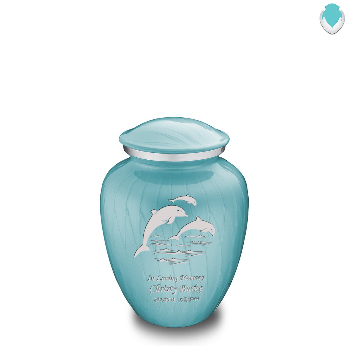 Medium Embrace Pearl Light Blue Dolphins Cremation Urn