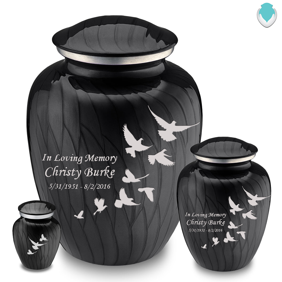Medium Embrace Pearl Black Doves Cremation Urn