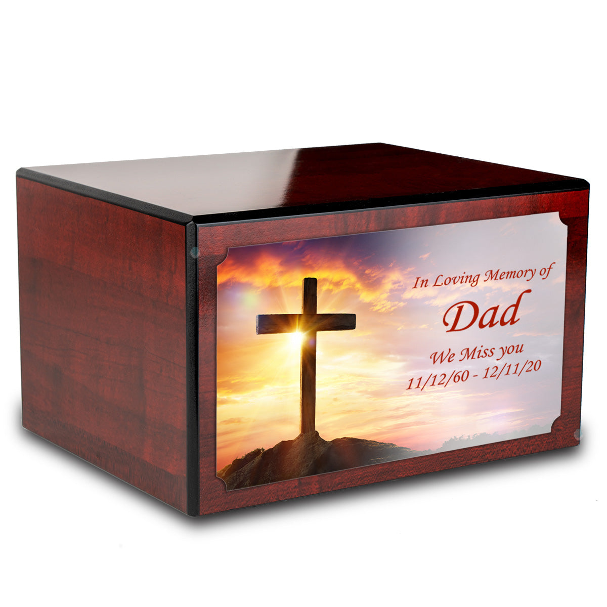 Custom Printed Heritage Cherry Cross Wood Box Cremation Urn